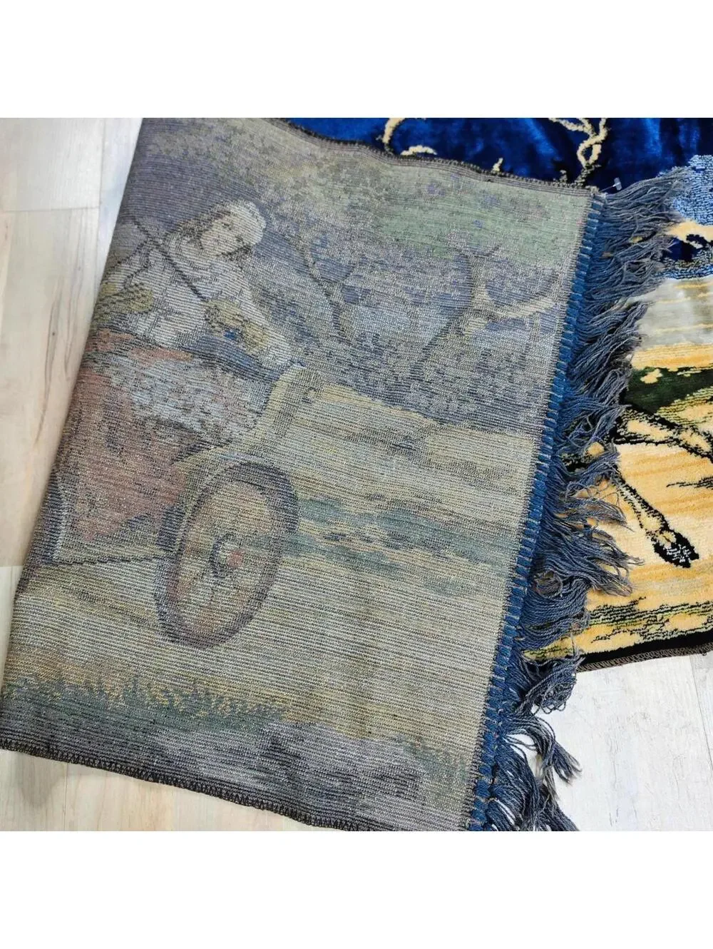Vintage Tapestry Rug with Deer and Carriage Scene